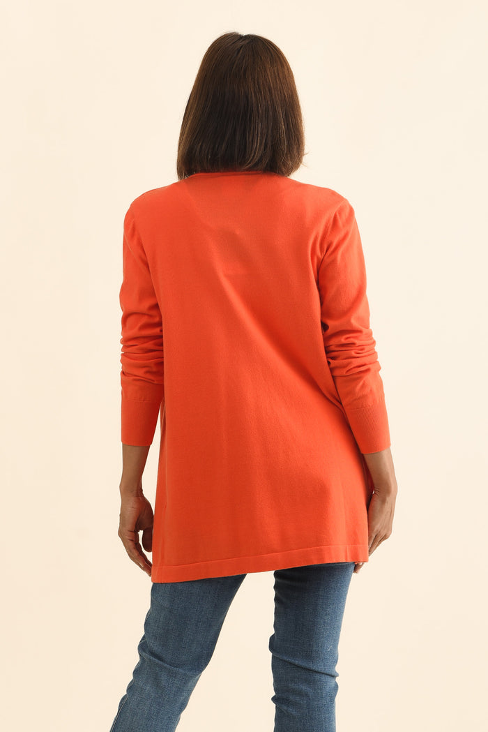 Morocco Orange Knit Cardigan,Brunette model,alt text|model:Cara