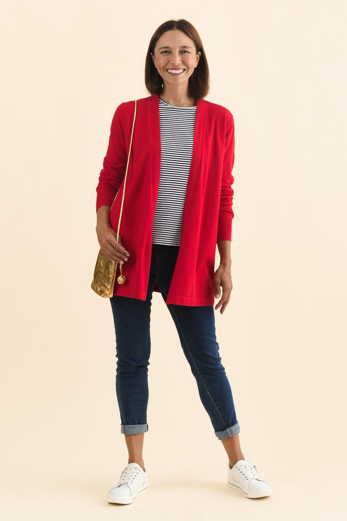 Morocco Red Knit Cardigan,Brunette model,alt text|model:Cara