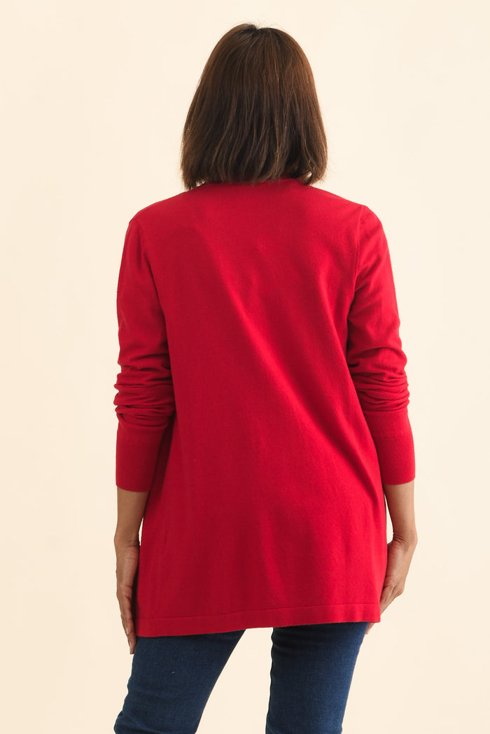 Morocco Red Knit Cardigan,Brunette model,alt text|model:Cara