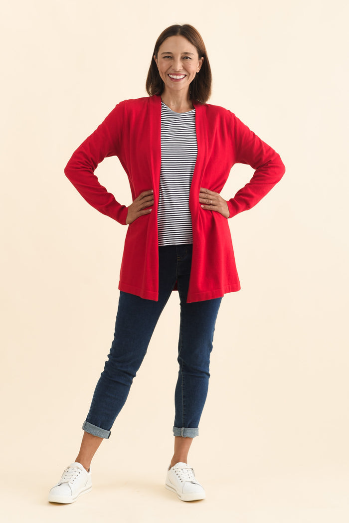 Morocco Red Knit Cardigan,Brunette model,alt text|model:Cara