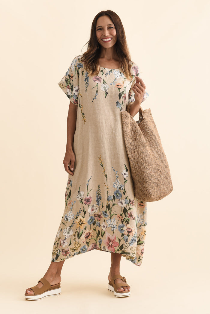 Morrison Beige Floral Linen Pocket Dress,Brunette model,alt text|model:Cara