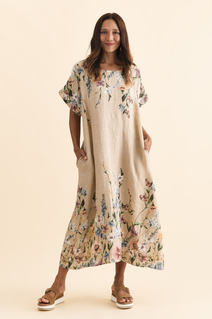 Morrison Beige Floral Linen Pocket Dress,Brunette model,alt text|model:Cara