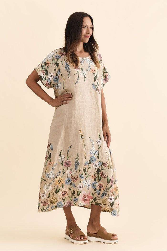 Morrison Beige Floral Linen Pocket Dress,Brunette model,alt text|model:Cara