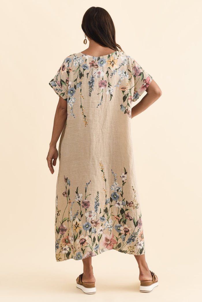 Morrison Beige Floral Linen Pocket Dress,Brunette model,alt text|model:Cara