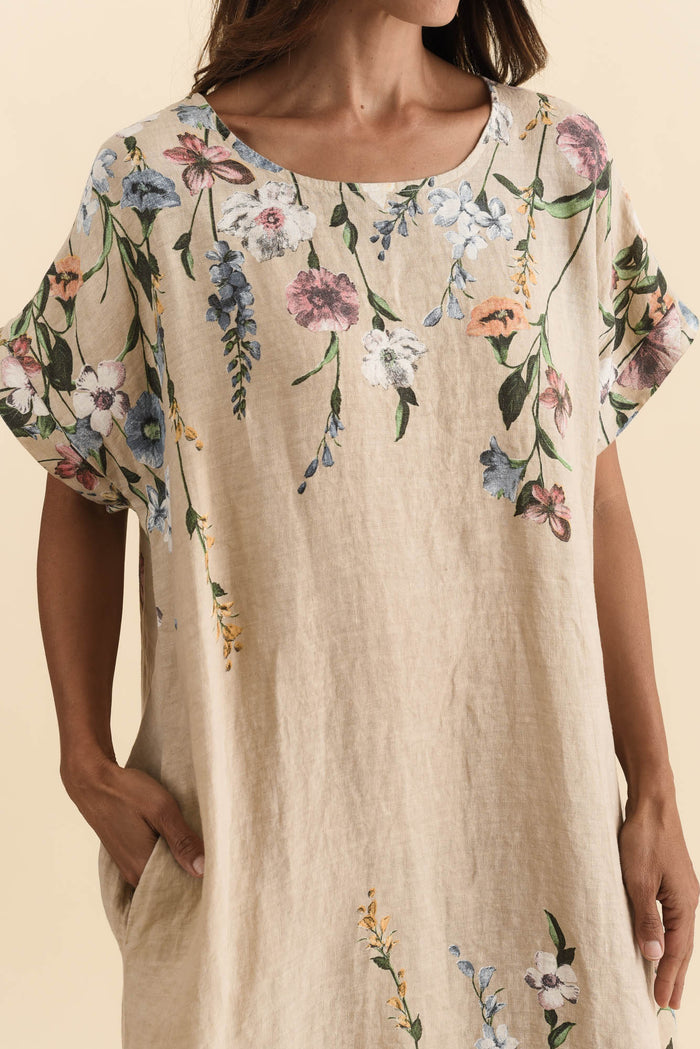Morrison Beige Floral Linen Pocket Dress,Brunette model,alt text|model:Cara
