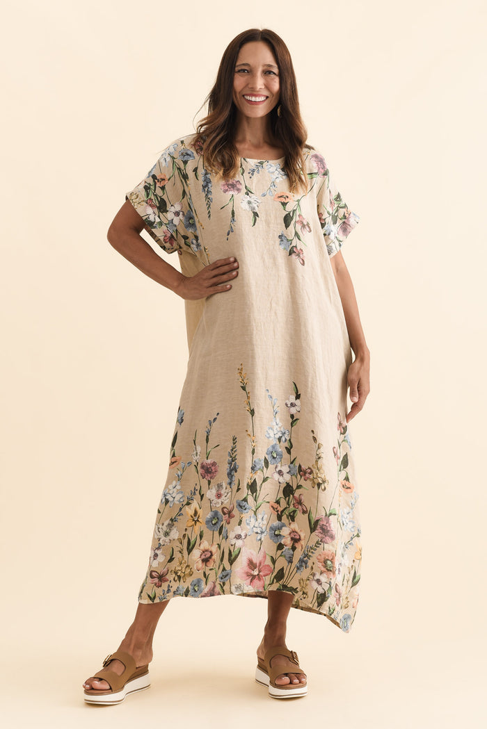 Morrison Beige Floral Linen Pocket Dress,Brunette model,alt text|model:Cara
