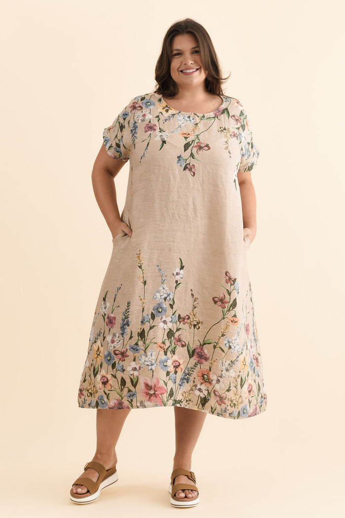 Morrison Beige Floral Linen Pocket Dress,Brunette model,plus-size,curve-dresses,plus-size-midi-dresses,plus-size-linen-dresses,plus-size-summer-dresses,alt text|model:Gabby