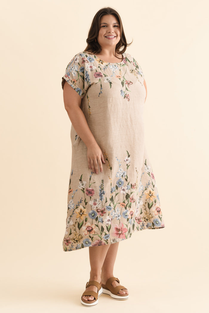 Morrison Beige Floral Linen Pocket Dress,Brunette model,alt text|model:Gabby