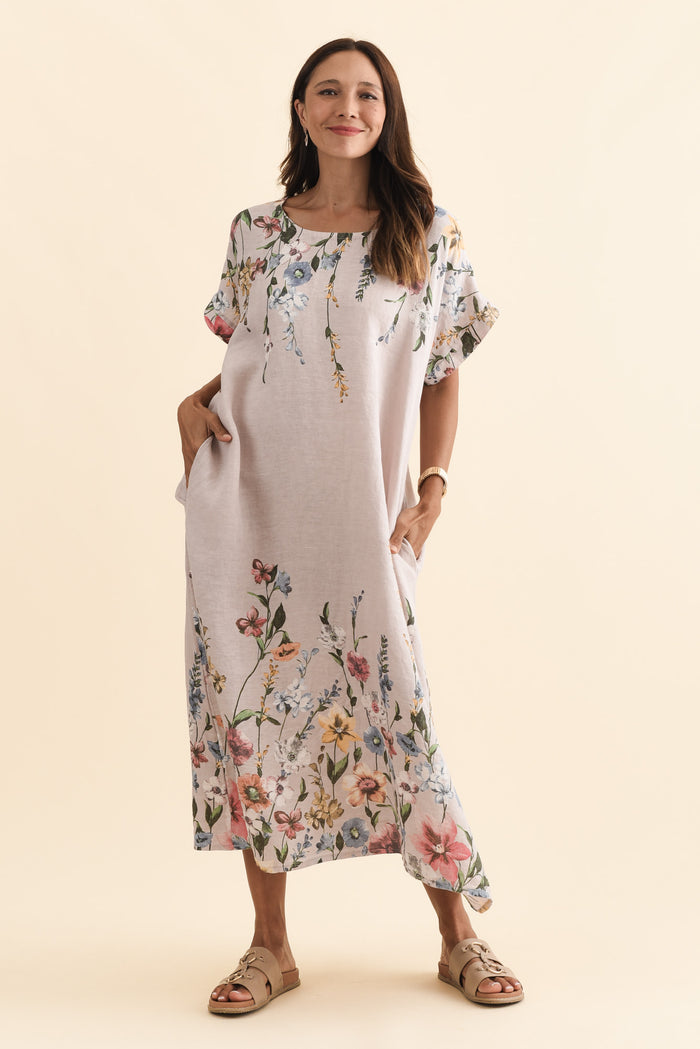 Morrison Blush Floral Linen Pocket Dress,Brunette model,alt text|model:Cara