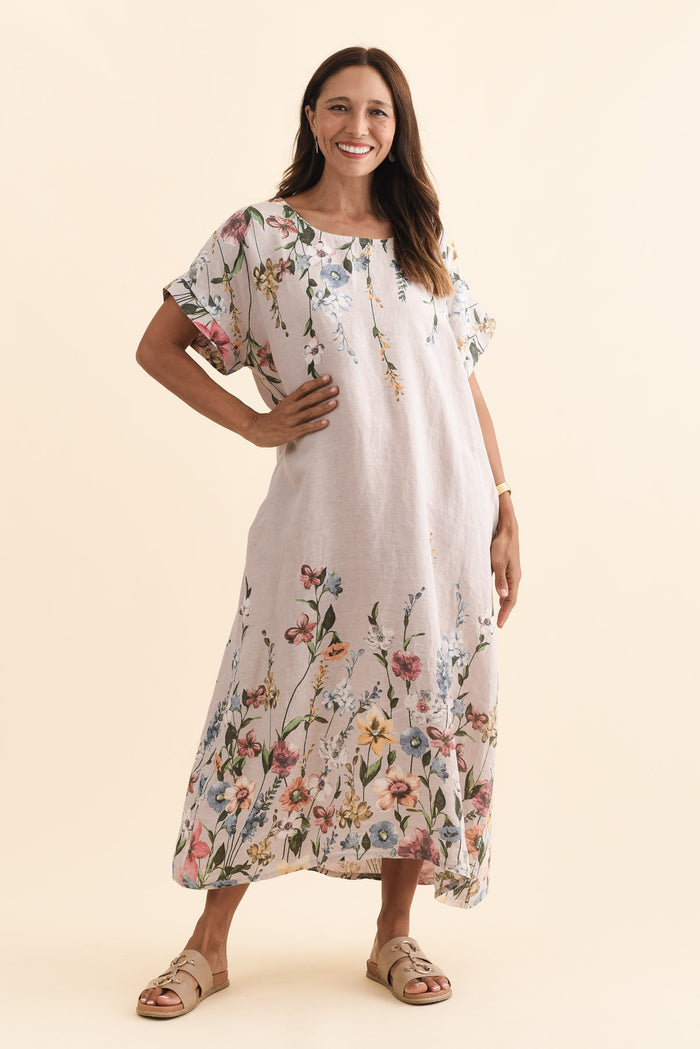 Morrison Blush Floral Linen Pocket Dress,Brunette model,alt text|model:Cara