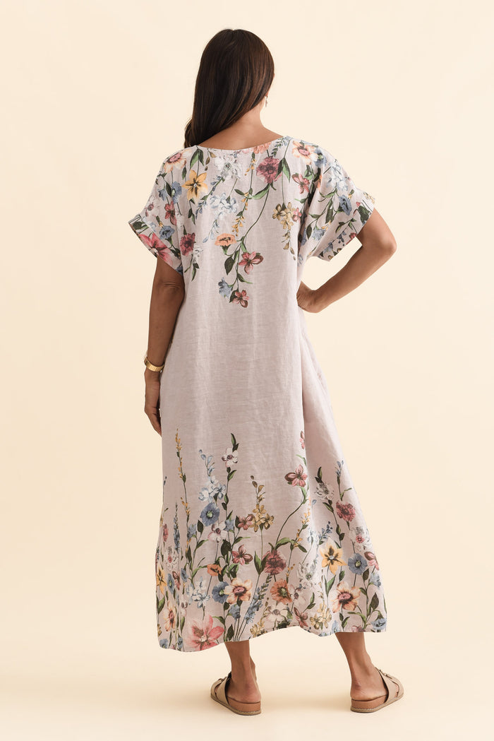 Morrison Blush Floral Linen Pocket Dress,Brunette model,alt text|model:Cara
