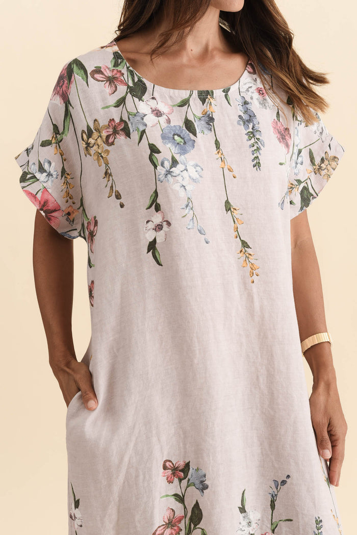 Morrison Blush Floral Linen Pocket Dress,Brunette model,alt text|model:Cara