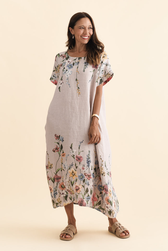 Morrison Blush Floral Linen Pocket Dress,Brunette model,alt text|model:Cara