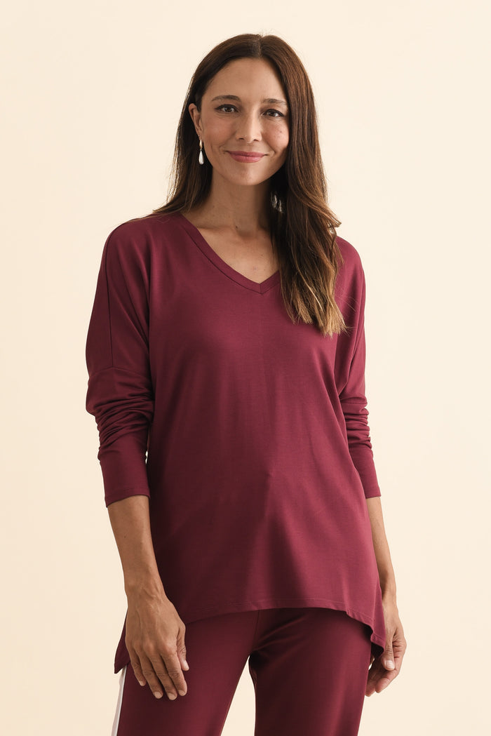 Munich Burgundy V Neck Top,Brunette model,alt text|model:Cara