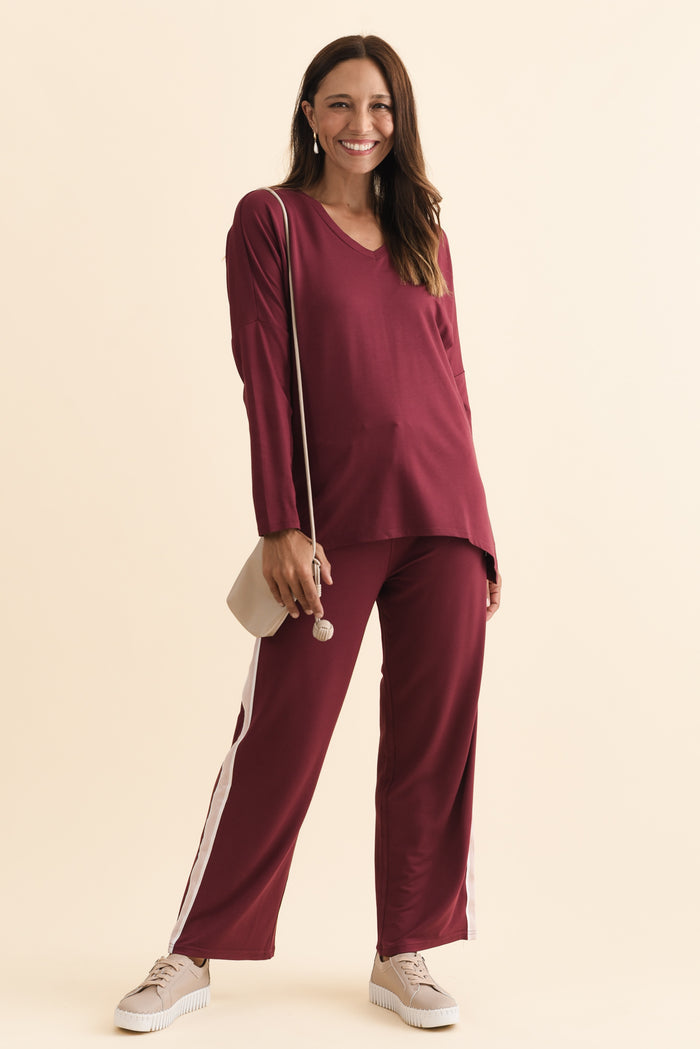 Munich Burgundy V Neck Top,Brunette model,alt text|model:Cara