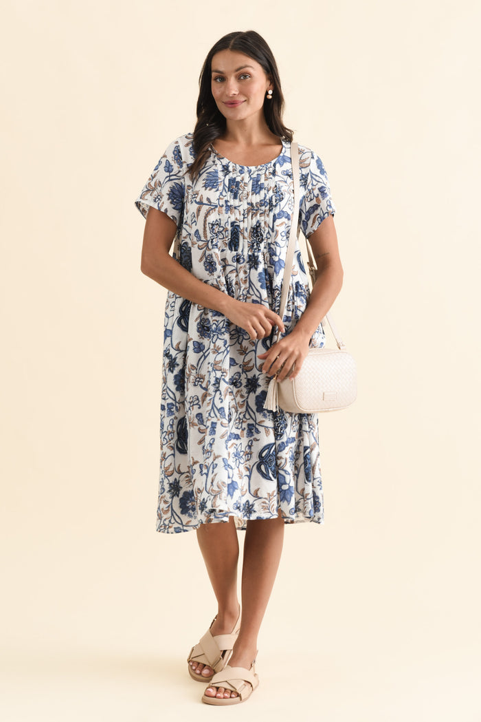 Murano Blue Botanical Cotton Dress,Brunette model,alt text|model:Brontie