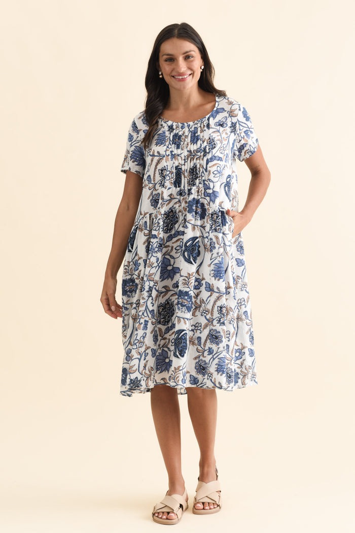 Murano Blue Botanical Cotton Dress,Brunette model,alt text|model:Brontie