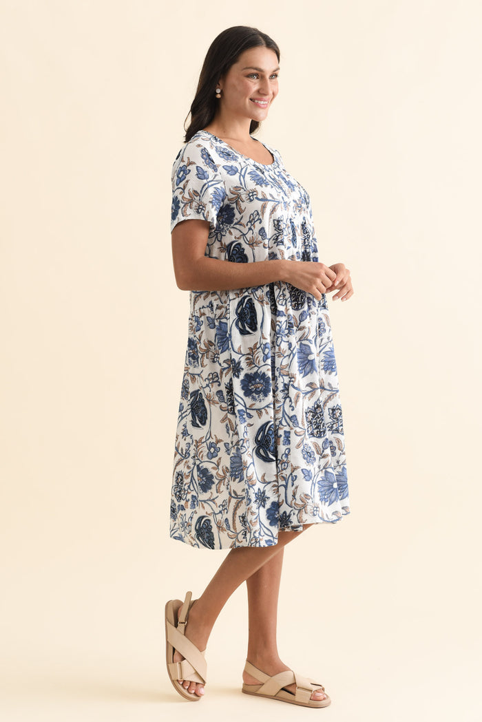 Murano Blue Botanical Cotton Dress,Brunette model,alt text|model:Brontie