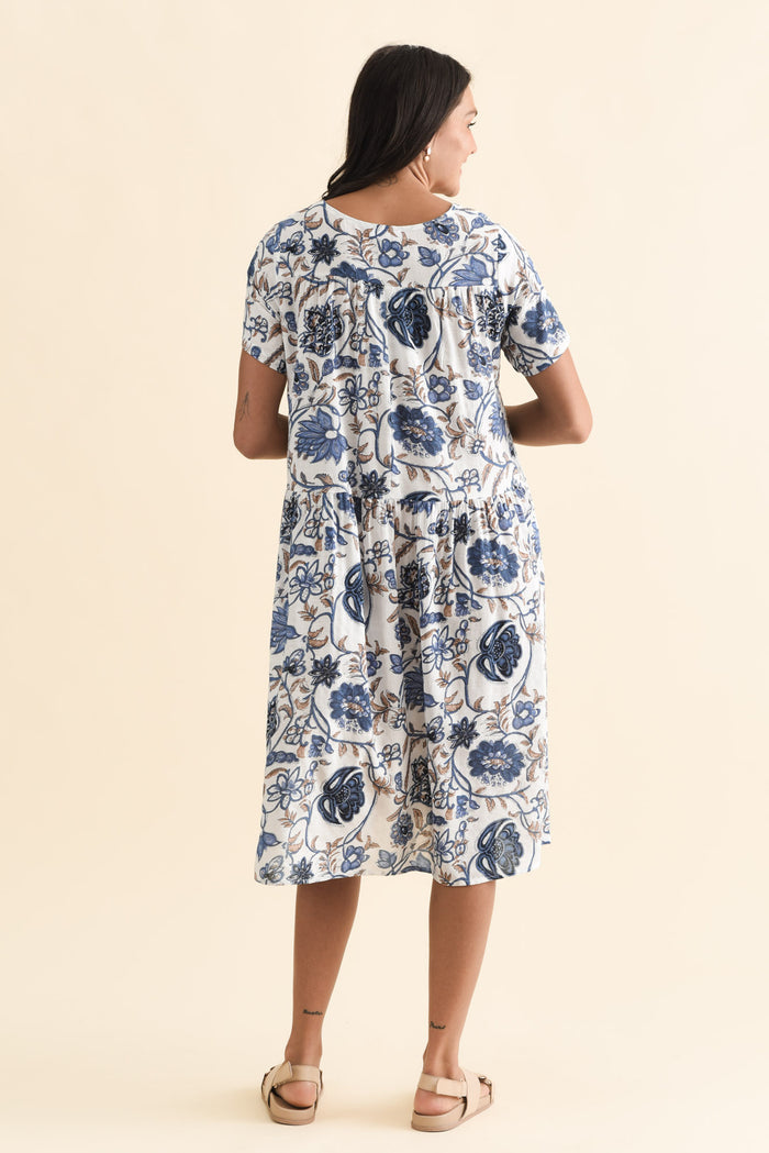 Murano Blue Botanical Cotton Dress,Brunette model,alt text|model:Brontie