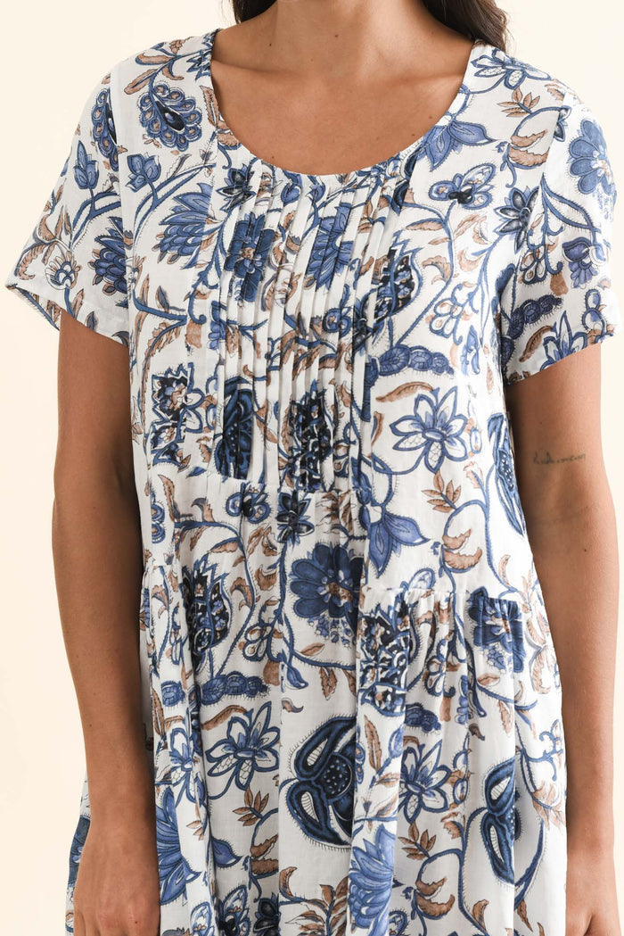 Murano Blue Botanical Cotton Dress,Brunette model,alt text|model:Brontie