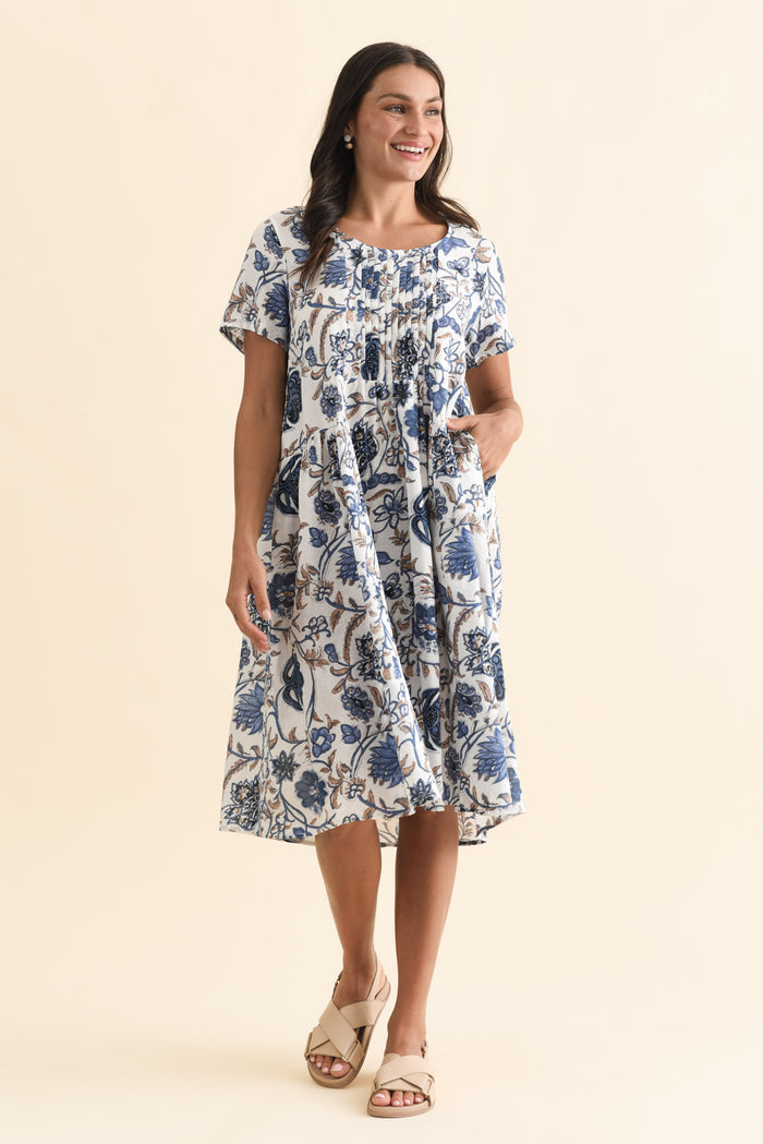 Murano Blue Botanical Cotton Dress,Brunette model,alt text|model:Brontie