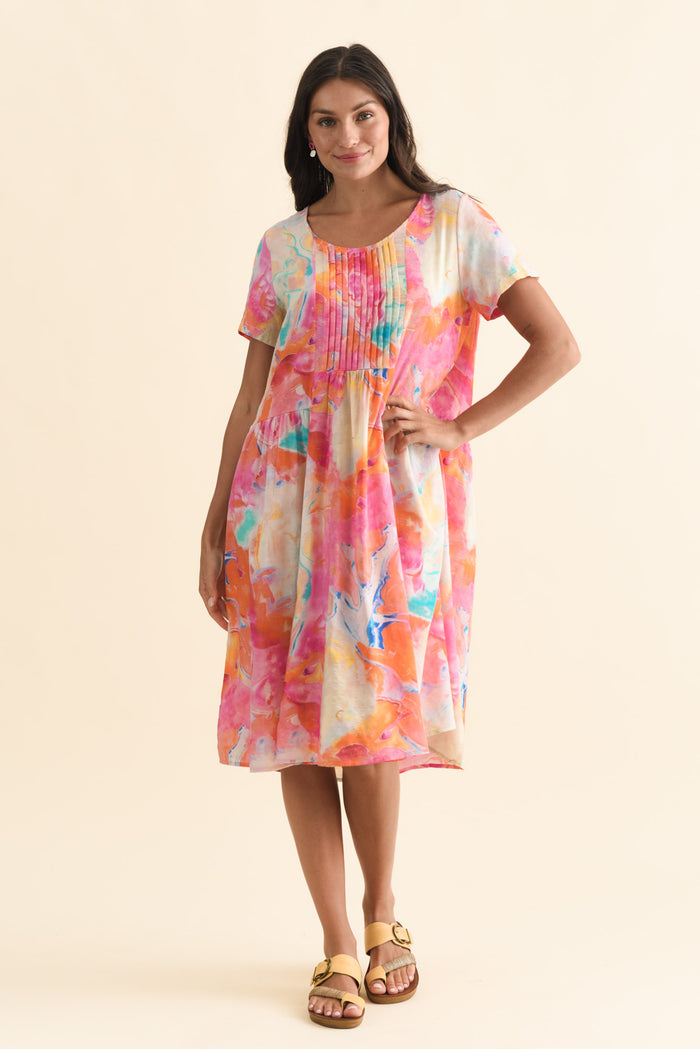 Murano Orange Abstract Cotton Dress,Brunette model,alt text|model:Brontie
