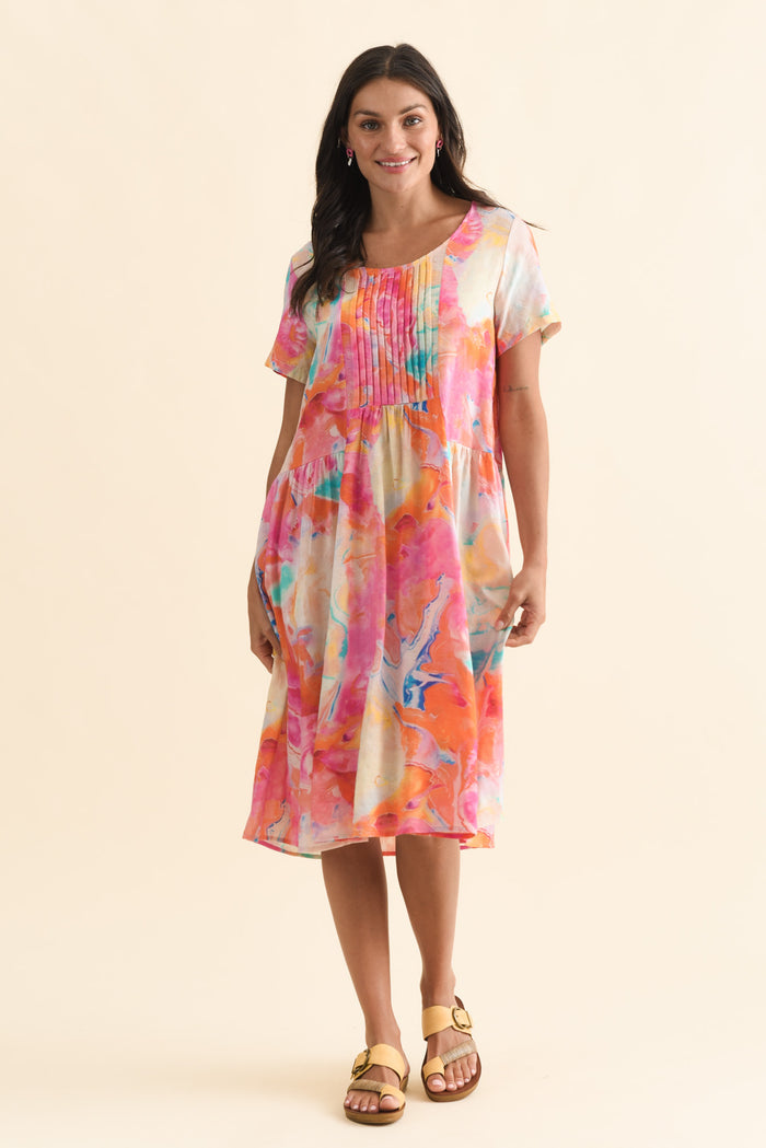Murano Orange Abstract Cotton Dress,Brunette model,alt text|model:Brontie