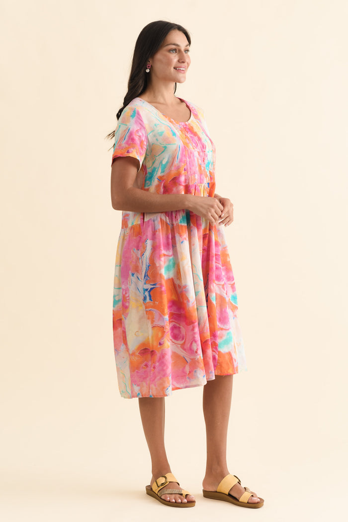 Murano Orange Abstract Cotton Dress,Brunette model,alt text|model:Brontie
