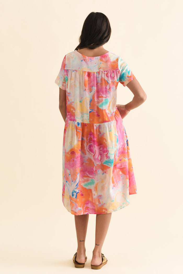 Murano Orange Abstract Cotton Dress,Brunette model,alt text|model:Brontie