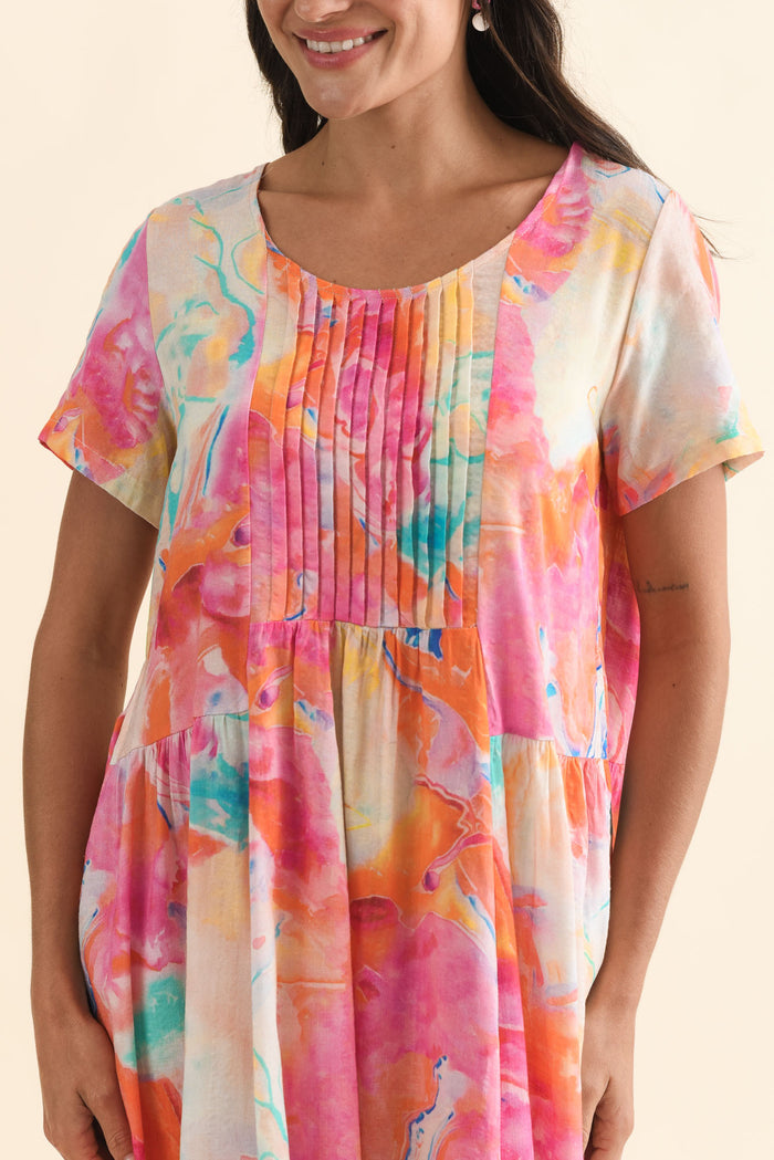 Murano Orange Abstract Cotton Dress,Brunette model,alt text|model:Brontie