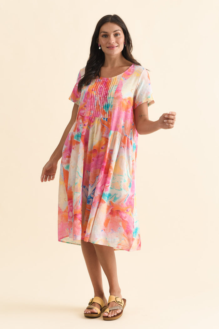 Murano Orange Abstract Cotton Dress,Brunette model,alt text|model:Brontie