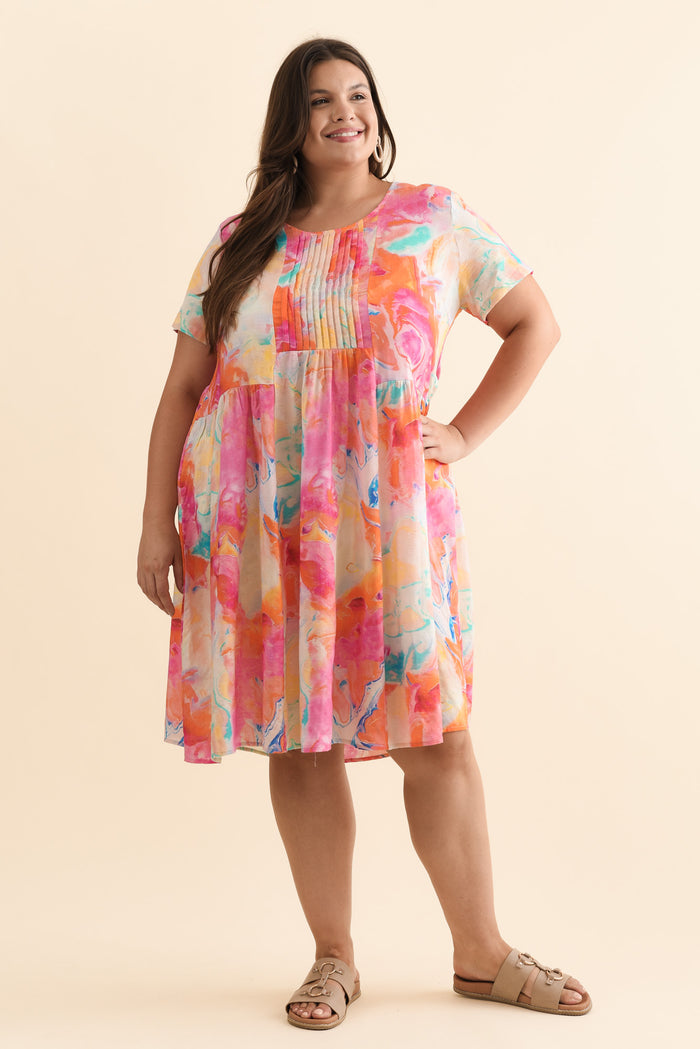 Murano Orange Abstract Cotton Dress,Brunette model,alt text|model:Gabby