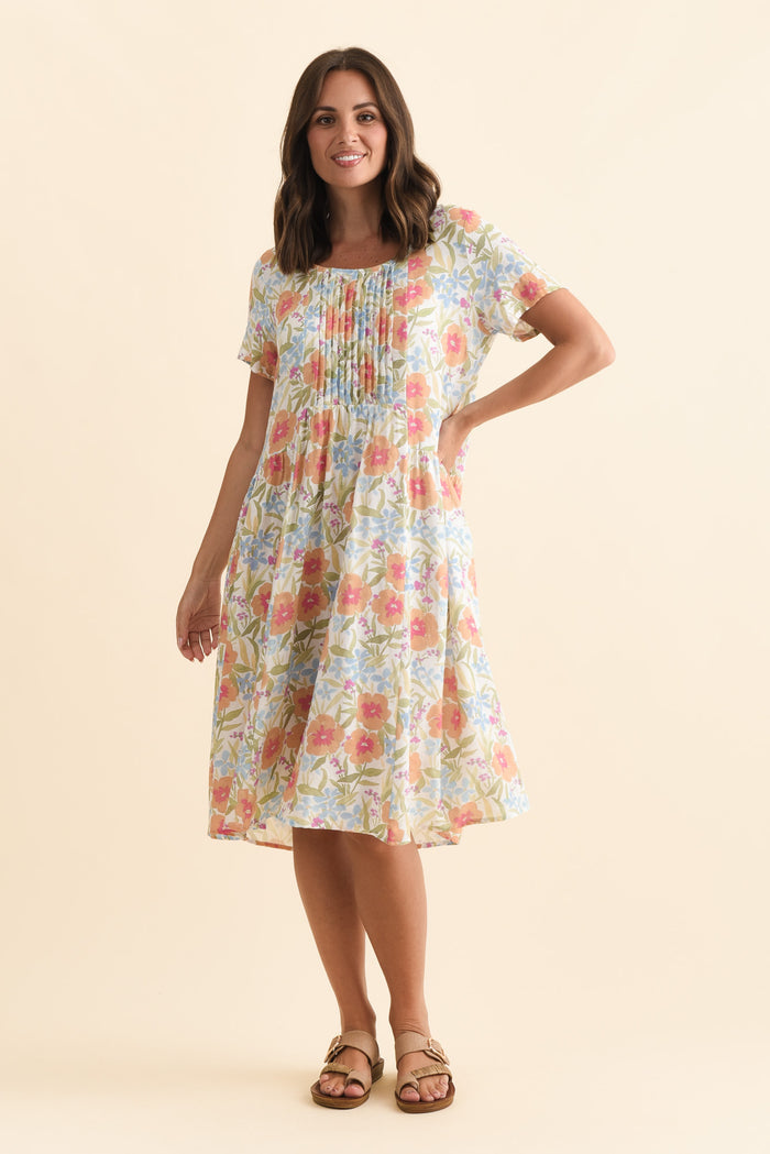 Murano Orange Flower Cotton Dress,Brunette model,alt text|model:MJ