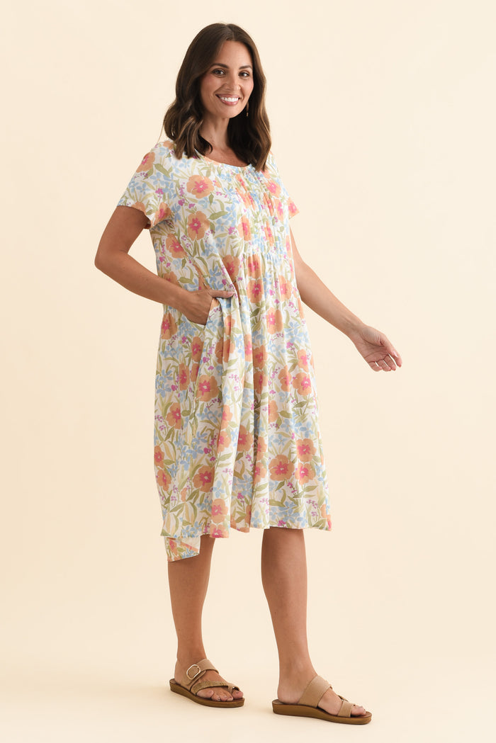 Murano Orange Flower Cotton Dress,Brunette model,alt text|model:MJ
