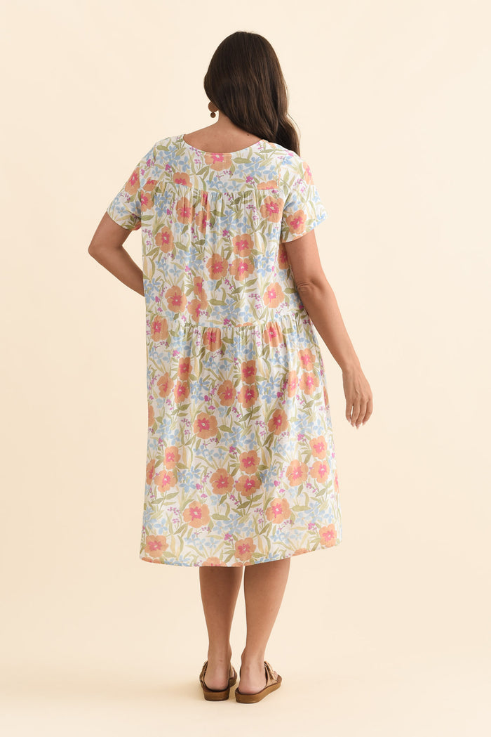 Murano Orange Flower Cotton Dress,Brunette model,alt text|model:MJ