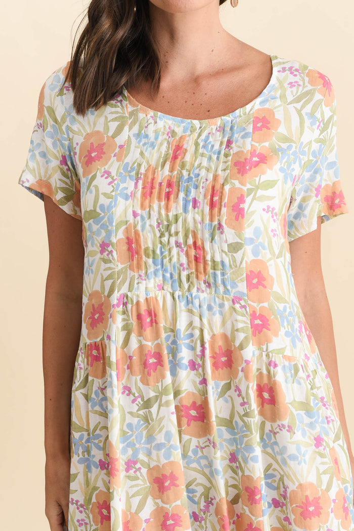 Murano Orange Flower Cotton Dress,Brunette model,alt text|model:MJ