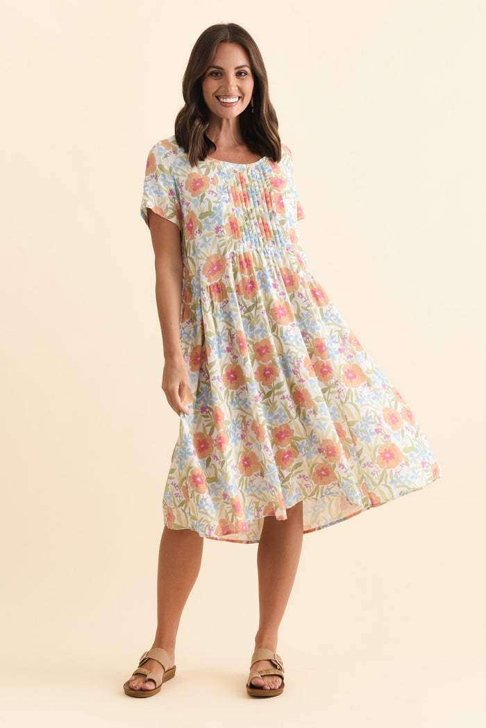 Murano Orange Flower Cotton Dress,Brunette model,alt text|model:MJ