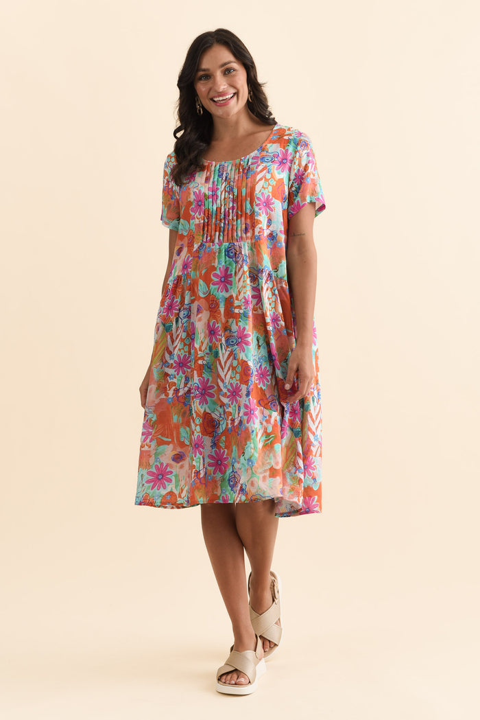 Murano Orange Garden Cotton Dress,Brunette model,alt text|model:Brontie