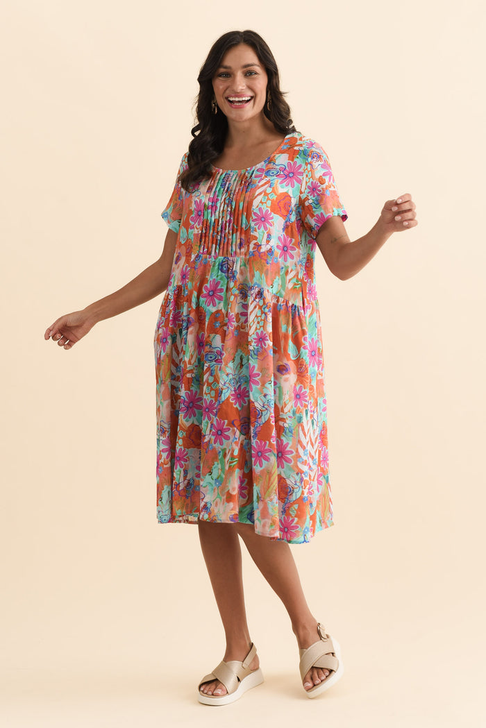 Murano Orange Garden Cotton Dress,Brunette model,alt text|model:Brontie