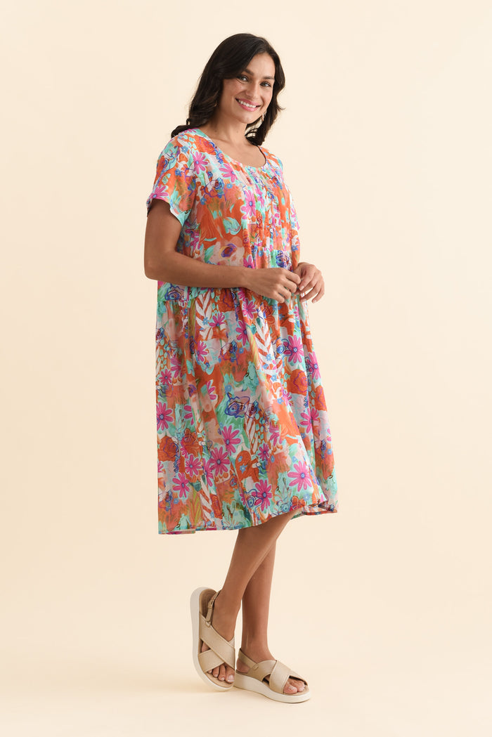 Murano Orange Garden Cotton Dress,Brunette model,alt text|model:Brontie