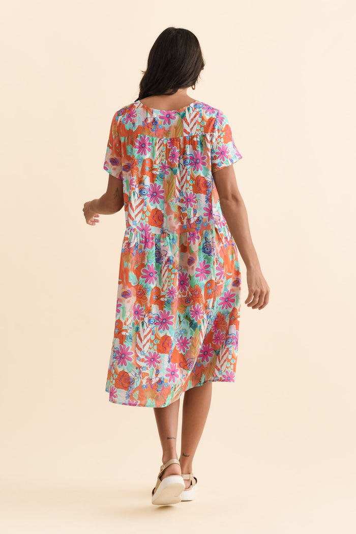 Murano Orange Garden Cotton Dress,Brunette model,alt text|model:Brontie