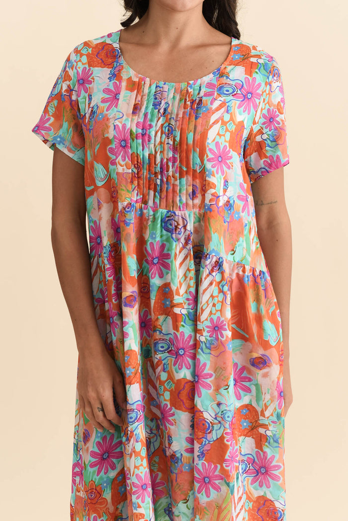 Murano Orange Garden Cotton Dress,Brunette model,alt text|model:Brontie