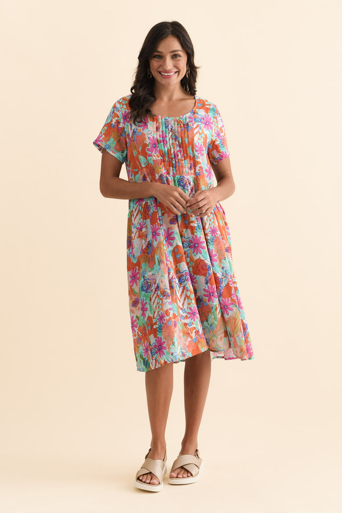 Murano Orange Garden Cotton Dress,Brunette model,alt text|model:Brontie