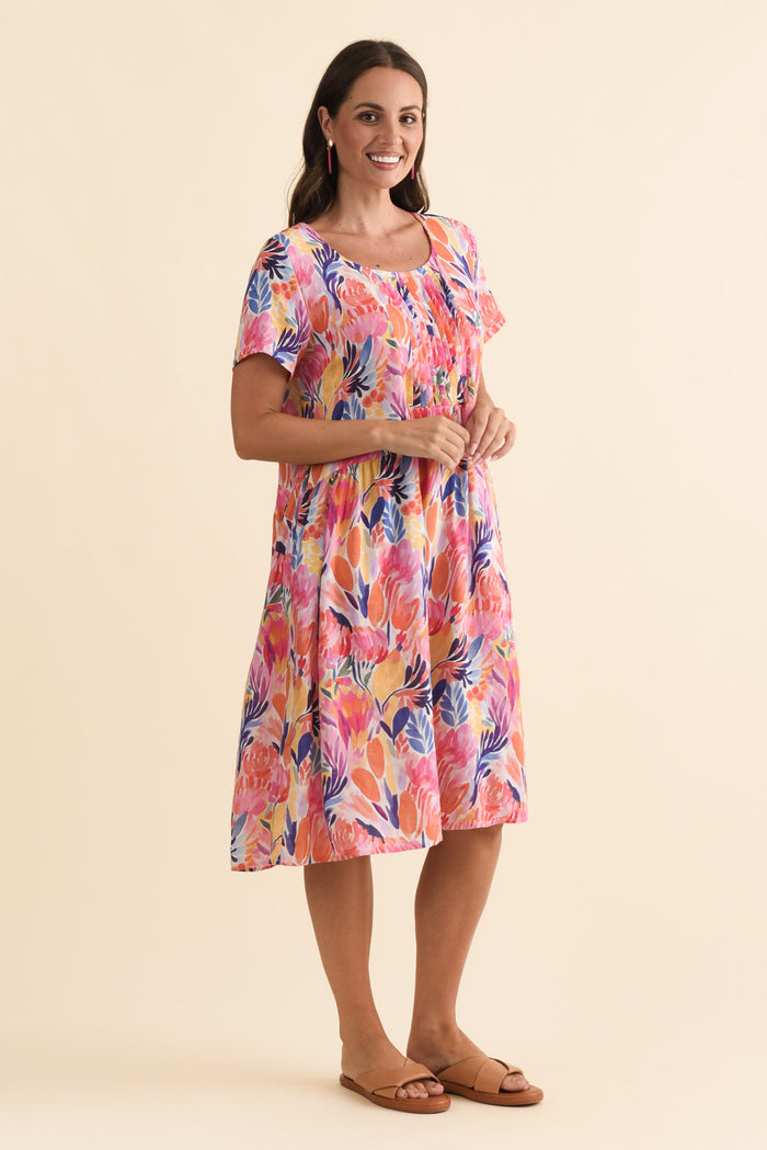 Murano Pink Garden Cotton Dress,Brunette model,alt text|model:MJ