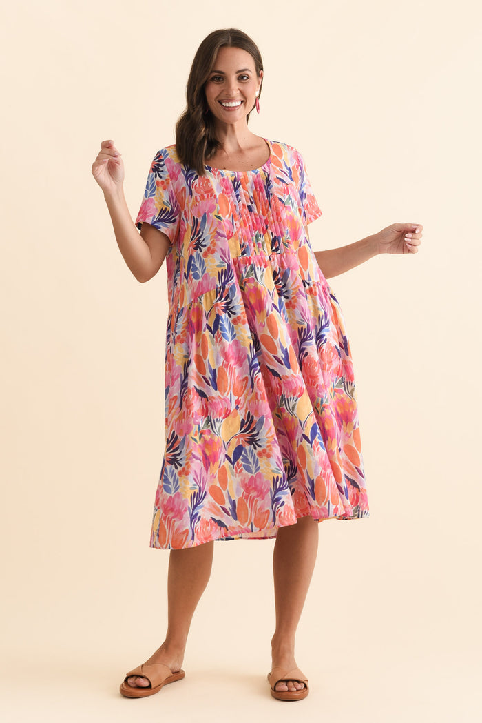 Murano Pink Garden Cotton Dress,Brunette model,alt text|model:MJ
