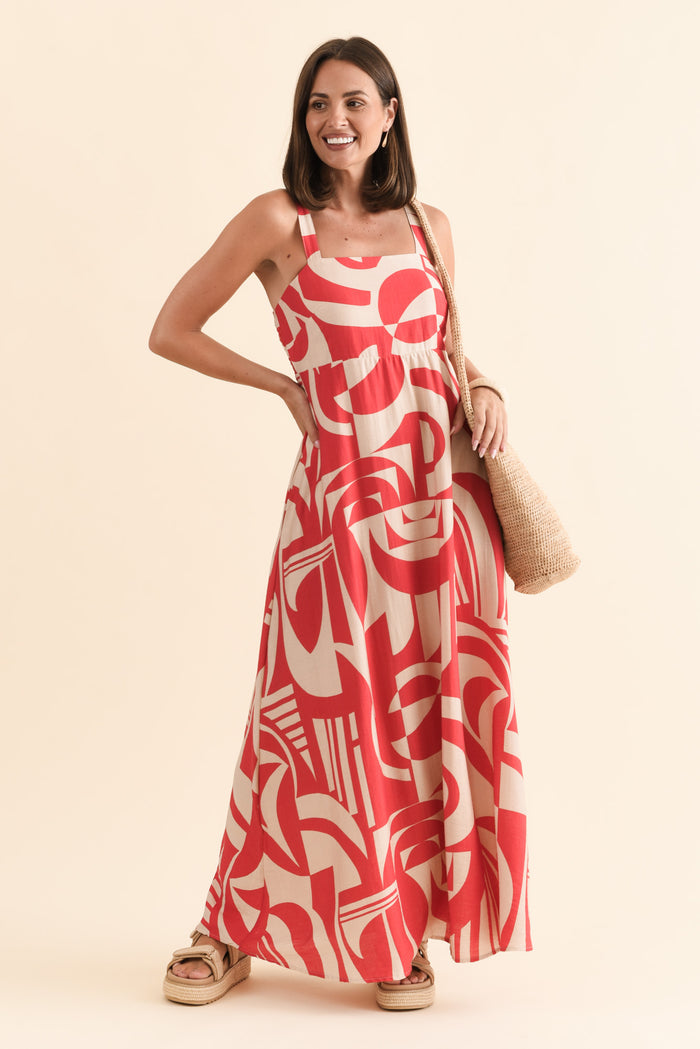 Mykonos Red Abstract Linen Cotton Dress,Brunette model,alt text|model:MJ