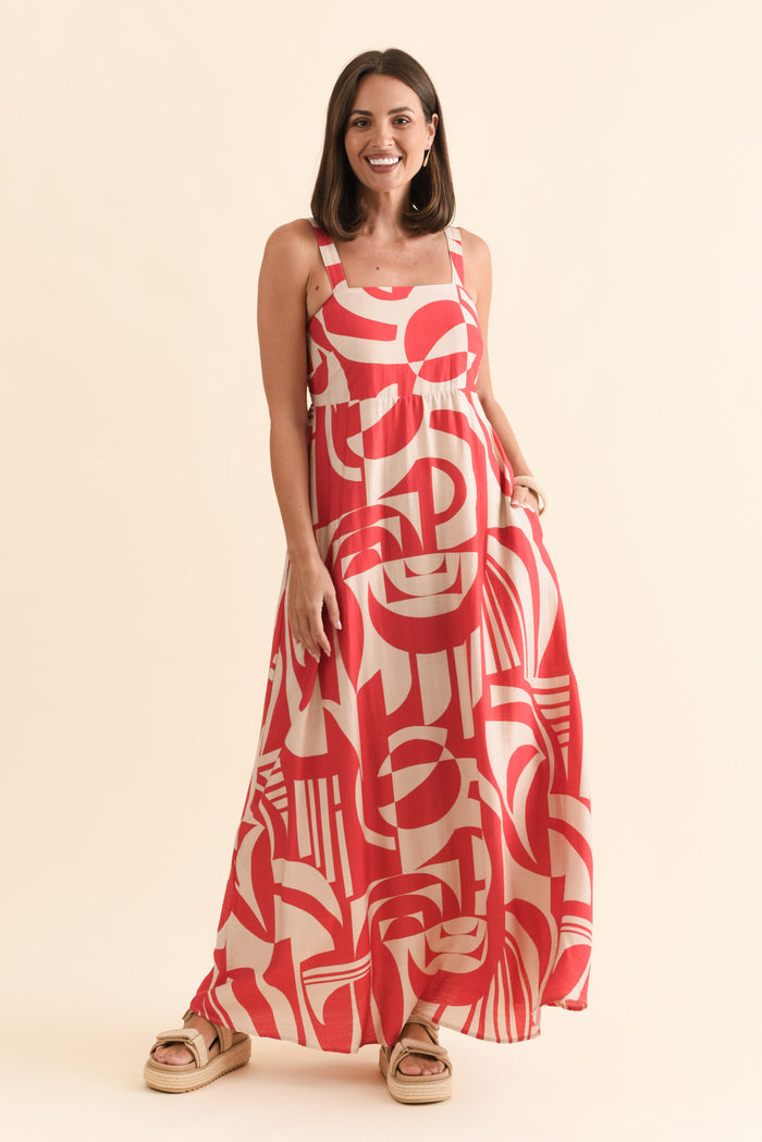 Mykonos Red Abstract Linen Cotton Dress,Brunette model,alt text|model:MJ