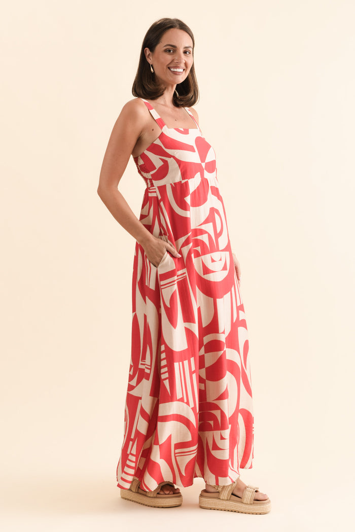 Mykonos Red Abstract Linen Cotton Dress,Brunette model,alt text|model:MJ