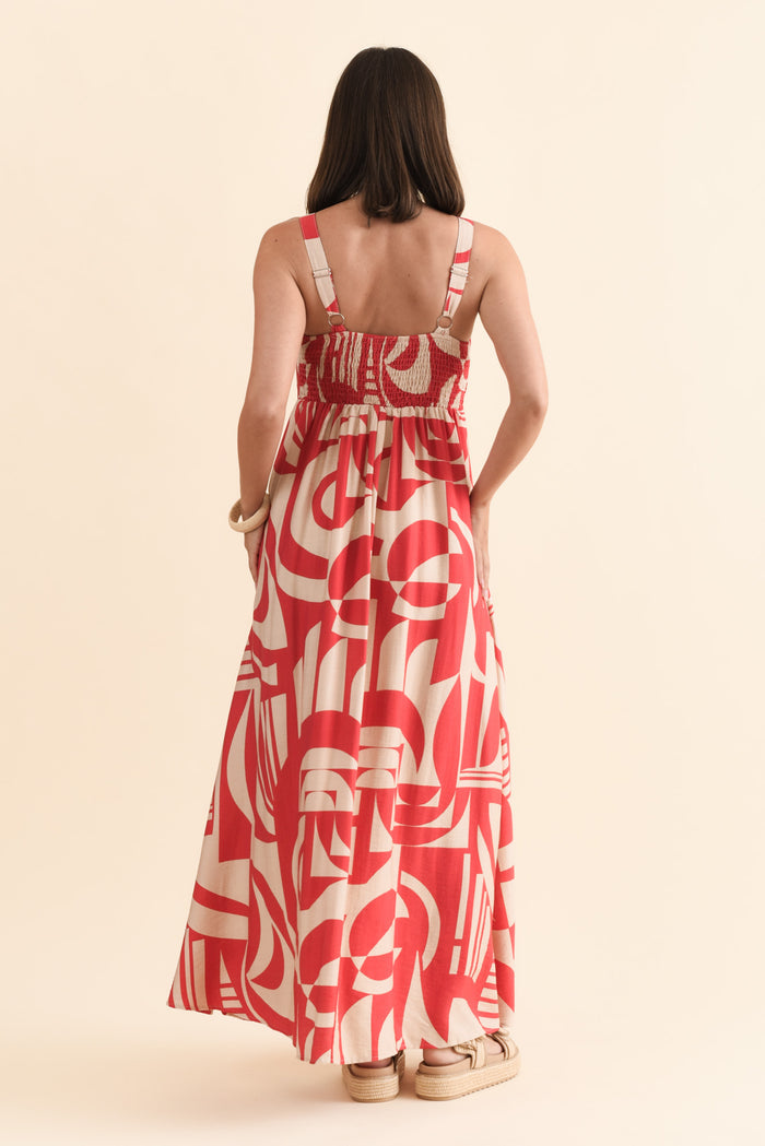 Mykonos Red Abstract Linen Cotton Dress,Brunette model,alt text|model:MJ
