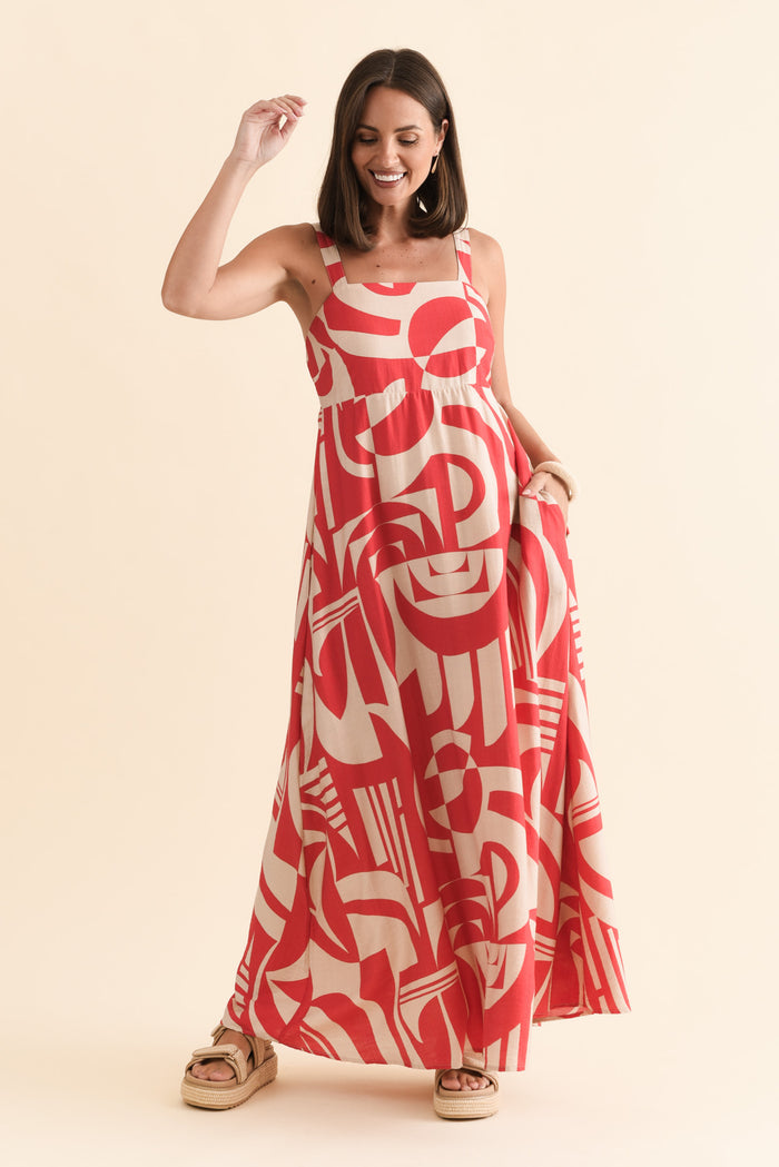 Mykonos Red Abstract Linen Cotton Dress,Brunette model,alt text|model:MJ